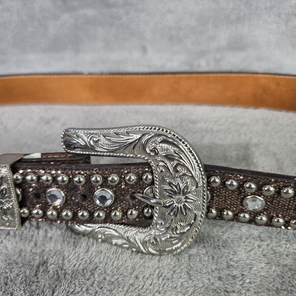 Womens 3D Brand Brown Rhinestone Studded Leather Belt Silver Engraved Buckle L main image 4